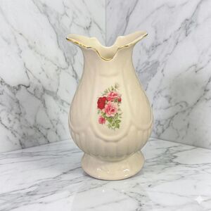 Vintage Formalities by Baum Bros Cream Floral Vase Gold Rim Pedestal Footed Vase